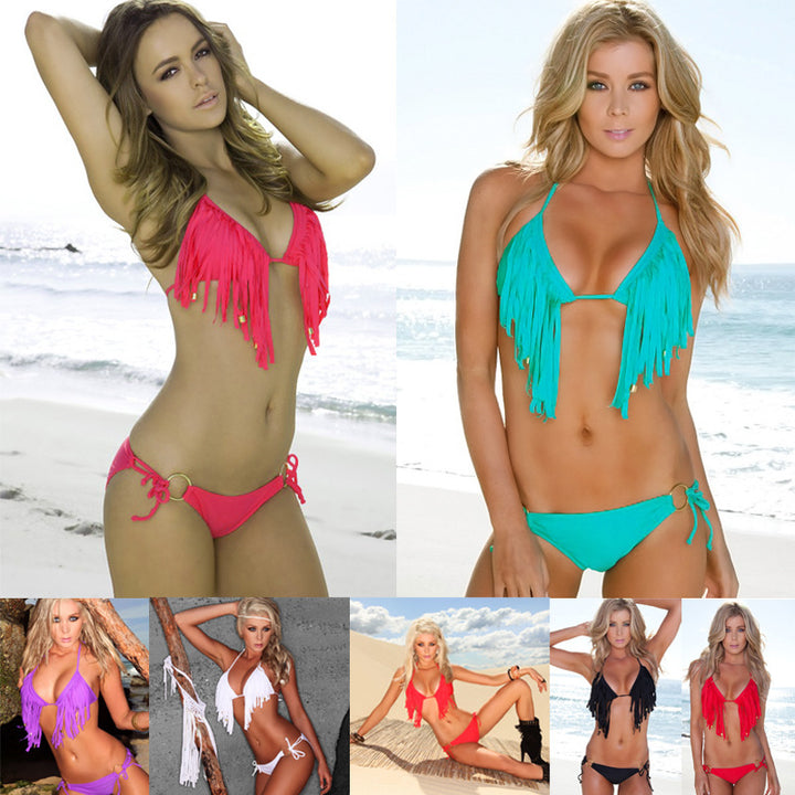 Damen Triangel-Bikini mit fransigem Design und goldenen Akzenten Drune