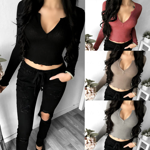 Damen lässiges Rippstrickoberteil mit V-Ausschnitt Drune