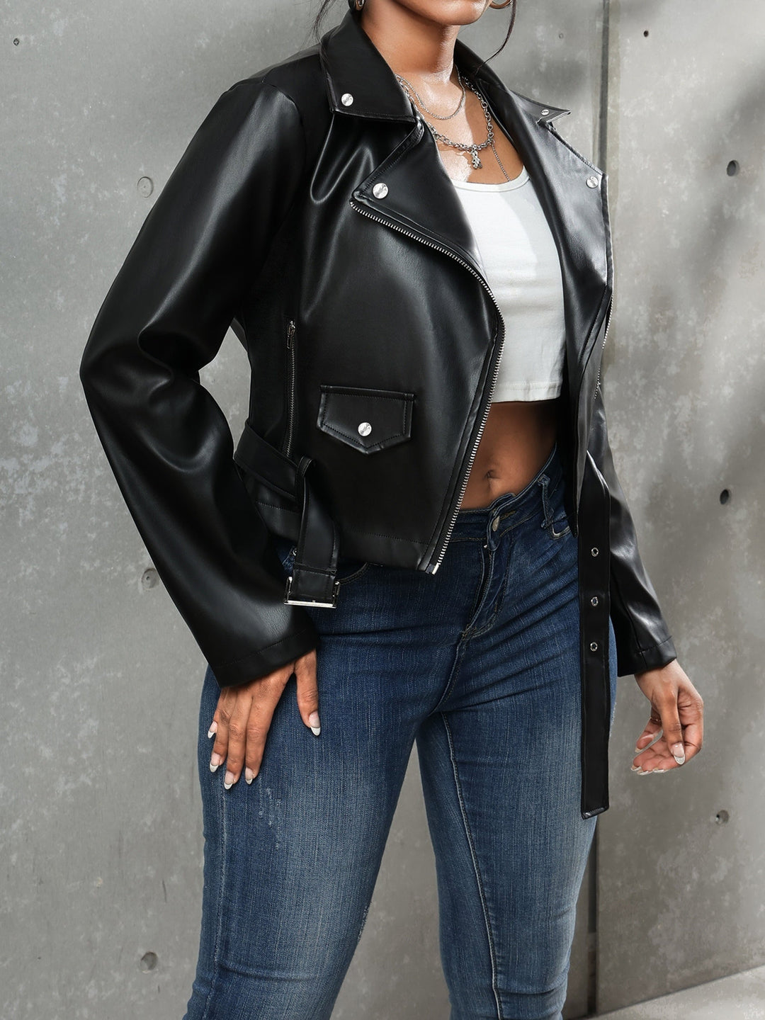 Drune | Schwarze Lederjacke mit Gürtel für Damen