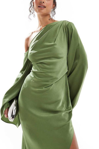 Drune | Zayla Satin Asymmetrisches Ein Schulter Glockenärmel Schlitz Maxi Kleid