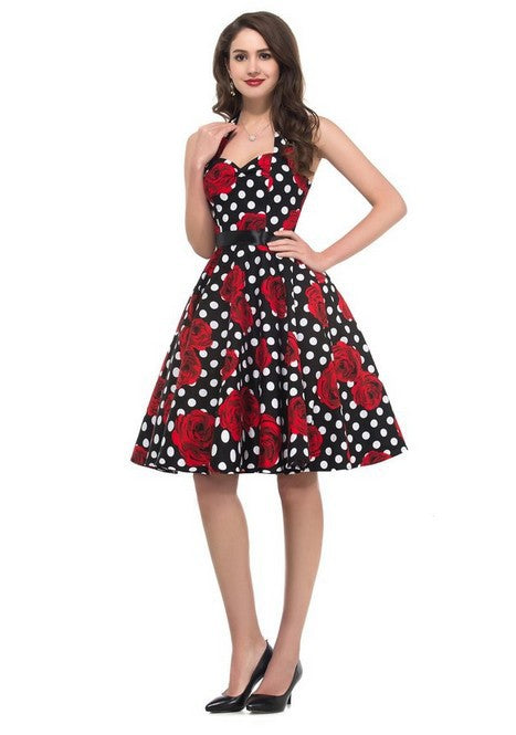Damen Retro Swingkleid mit floralem Muster und Polka-Dots Drune