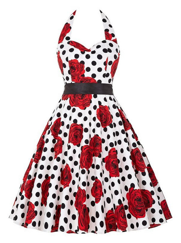 Damen Retro Swingkleid mit floralem Muster und Polka-Dots Drune