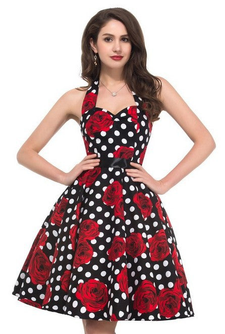 Damen Retro Swingkleid mit floralem Muster und Polka-Dots Drune