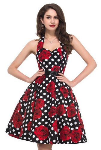 Damen Retro Swingkleid mit floralem Muster und Polka-Dots Drune