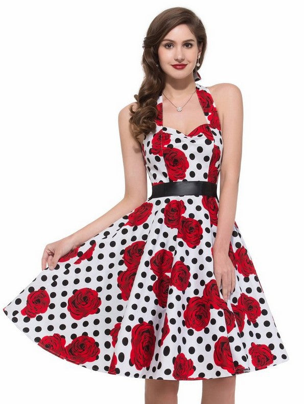 Damen Retro Swingkleid mit floralem Muster und Polka-Dots Drune