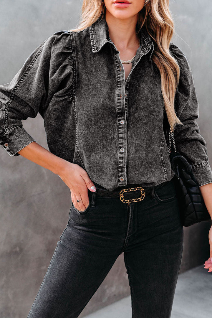 Drune | Denim-bluse mit Puffärmeln Baumwolle Klassischer und Eleganter Stil