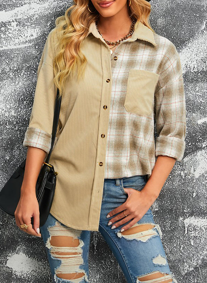 Drune | Karierte Farbblock Gefallen Schulter Corduroy Shacket