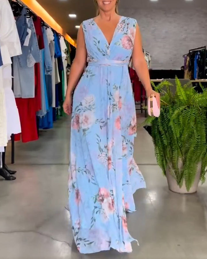 Drune | Elegantes Ärmelloses V-Ausschnitt Floral Druck Kleid