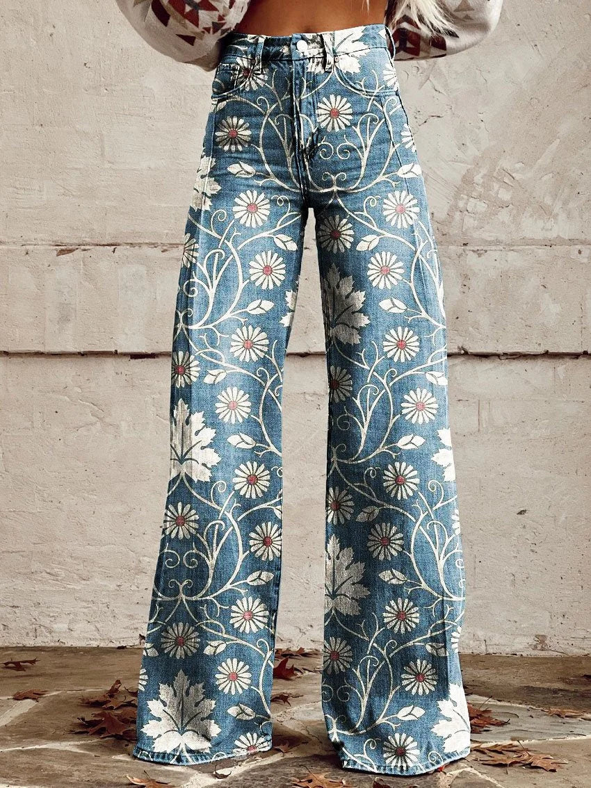 Drune | Vintage bedruckte lässige Hose mit weiten Beinen