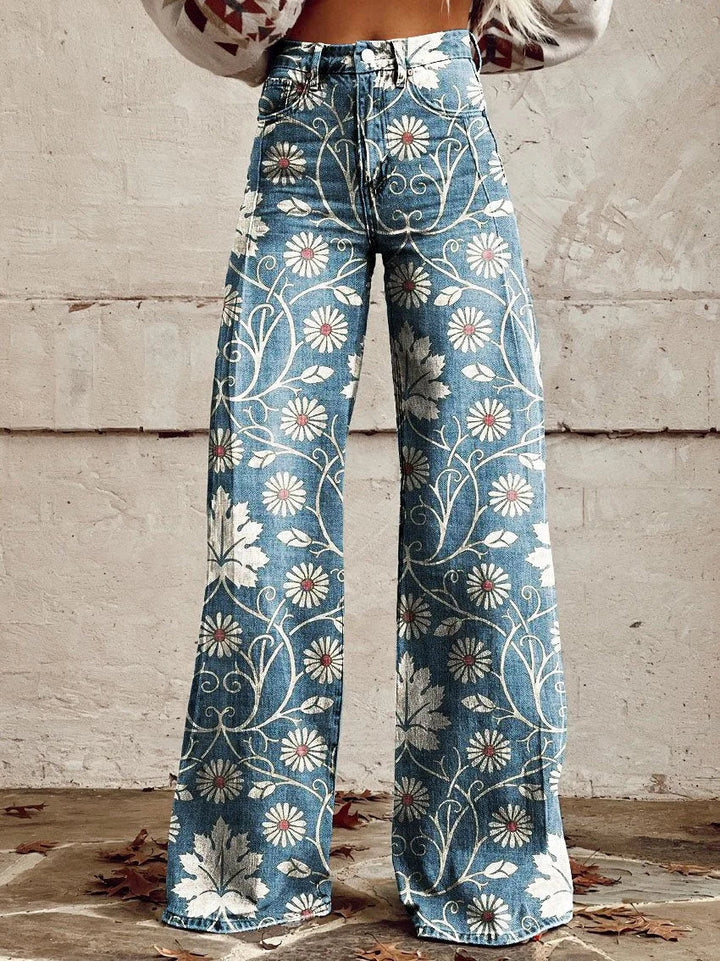 Drune | Vintage bedruckte lässige Hose mit weiten Beinen