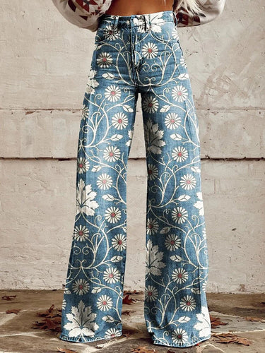 Drune | Vintage bedruckte lässige Hose mit weiten Beinen