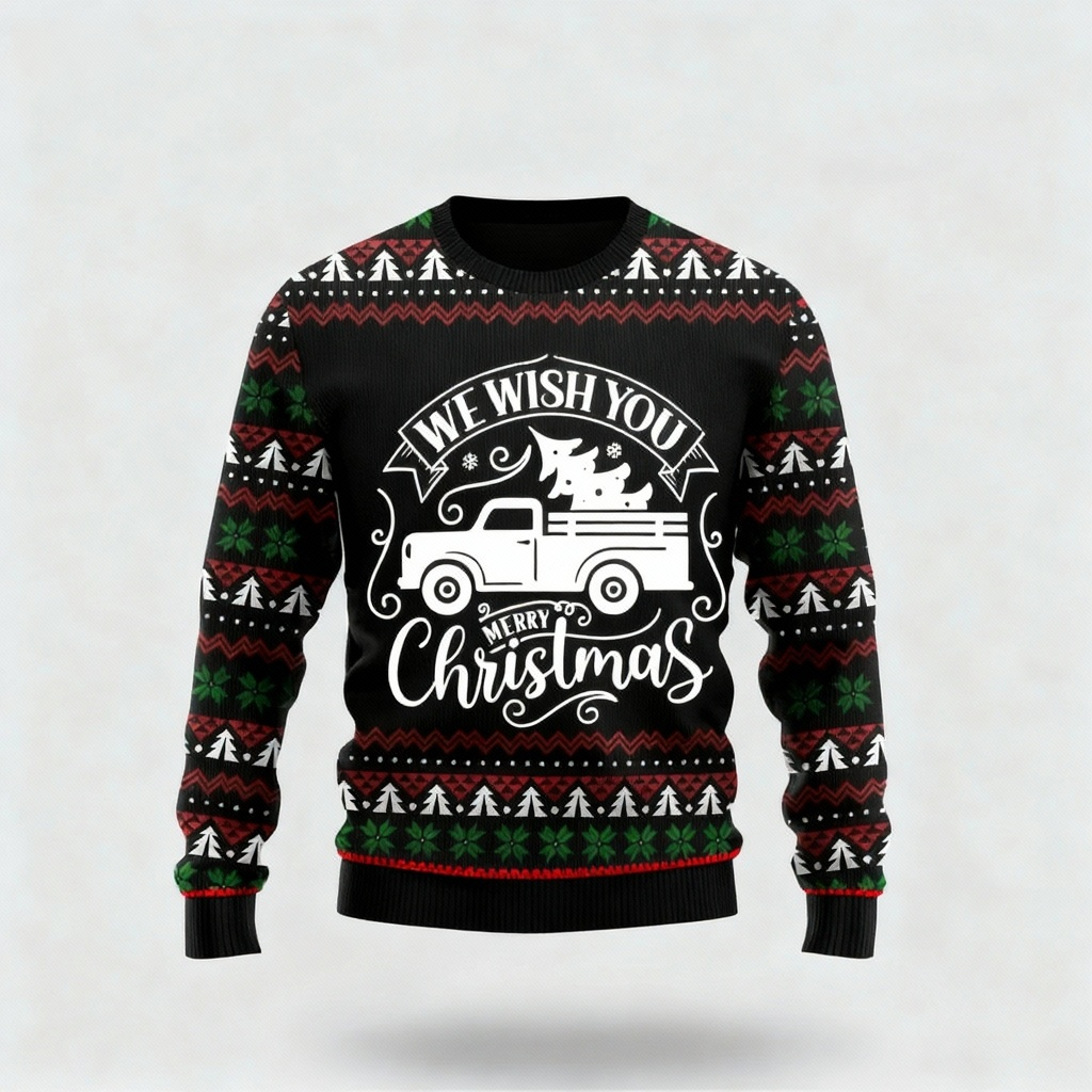 Drune | Skurril, Gemütlich & Festlich: Der Geschenkwagen-Muster-Print Weihnachts-Pullover