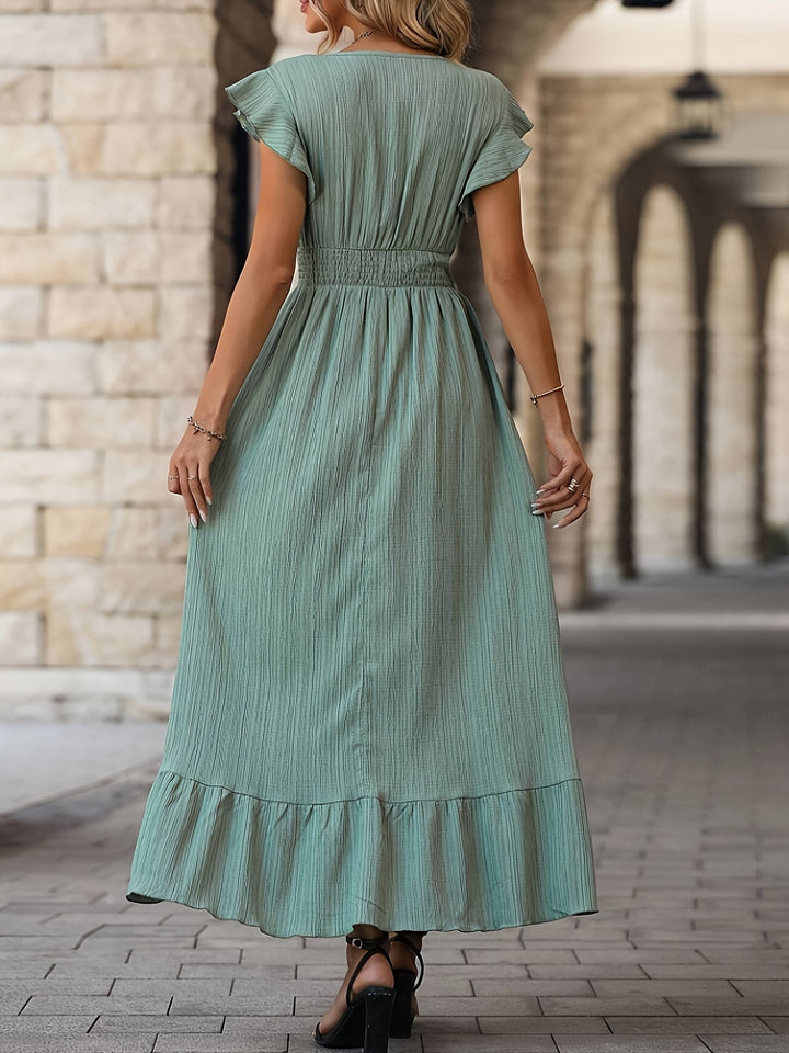 Drune | V-Ausschnitt Rüschenkleid mit Kurzen Ärmeln für Frauen