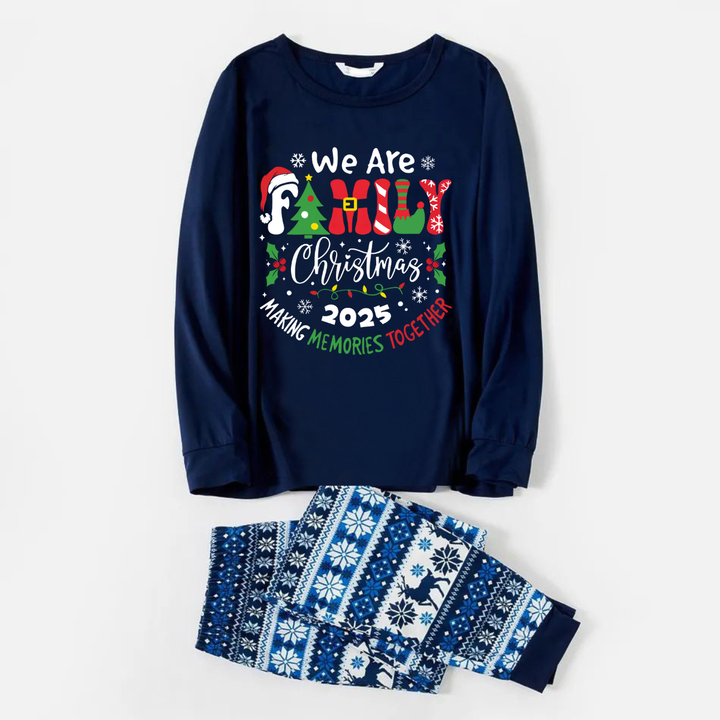 Drune | "Wir sind Familie 2025 Weihnachten Erinnerungen gemeinsam machen" Slogan Druck Blau Langarm Mit blauen Blumenhose Familie passende Pyjama Sets