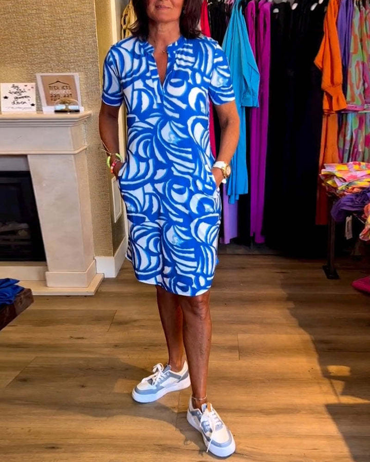 Drune | Kurzärmeliges Damenkleid Mit V-ausschnitt Und Print