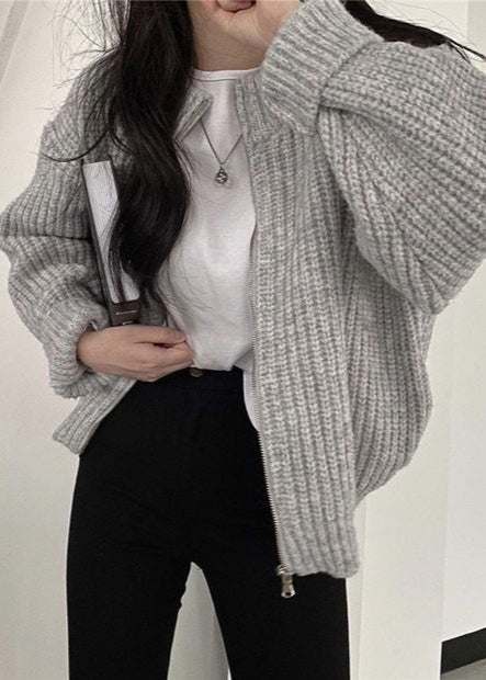 Drune | Reißverschluss Chunky Strickcardigan - Oversized Rippstrickjacke