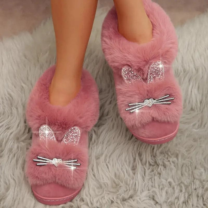 Drune | Hausschuhe Plüsch Slipper Weich Und Warm Hasenmotiv Mit Glitzerdetails