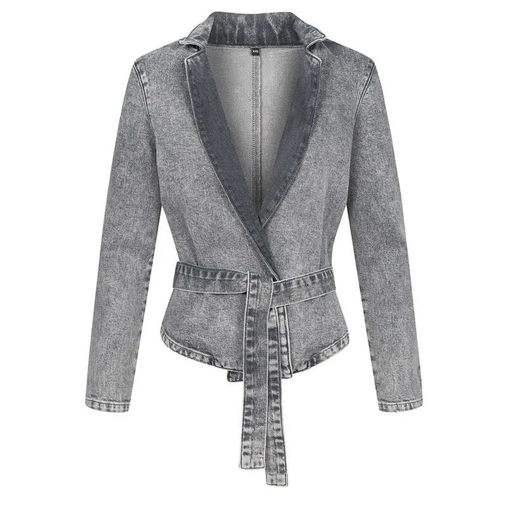 Drune | Casual denim jacket with belt, stand-up collar and long sleeves