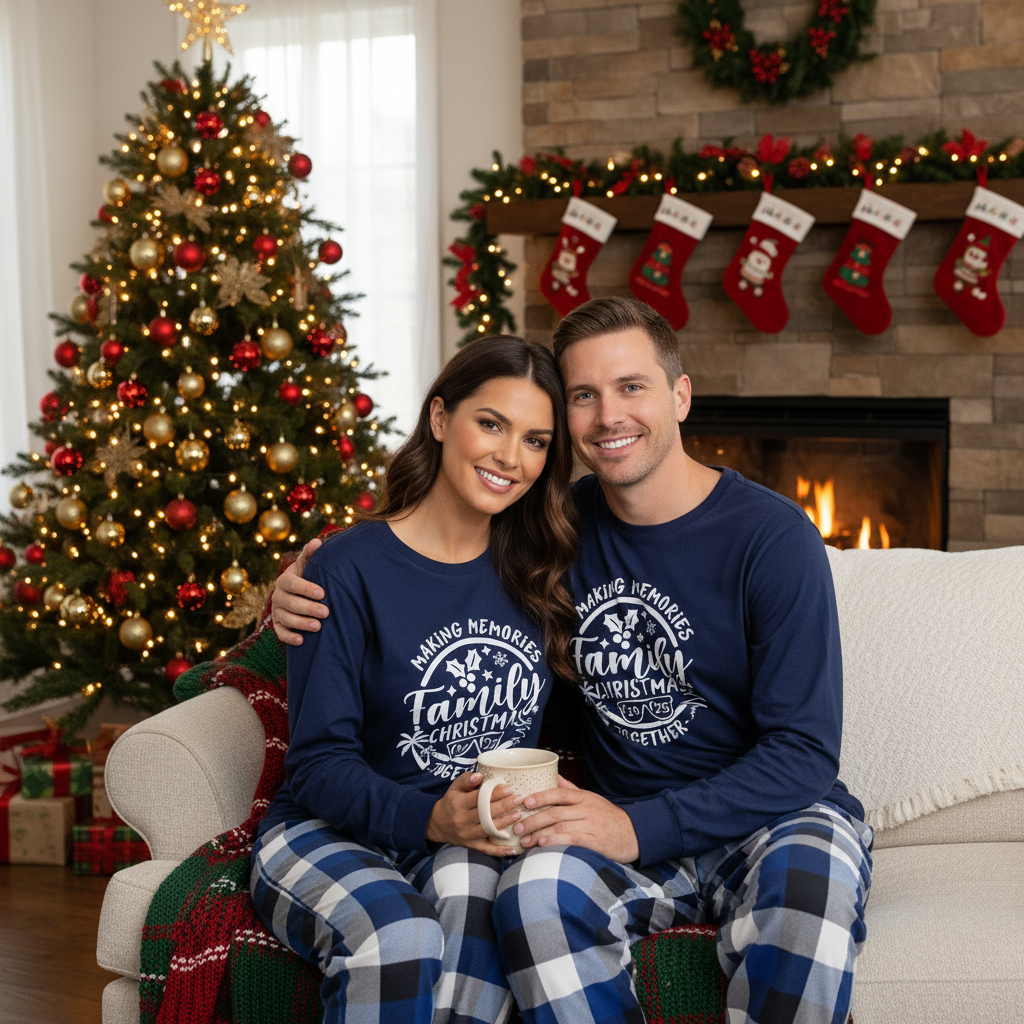 Drune | Weihnachts-Paar Blaue Karierte Pyjamas mit Make Memories Together 2025 Druck