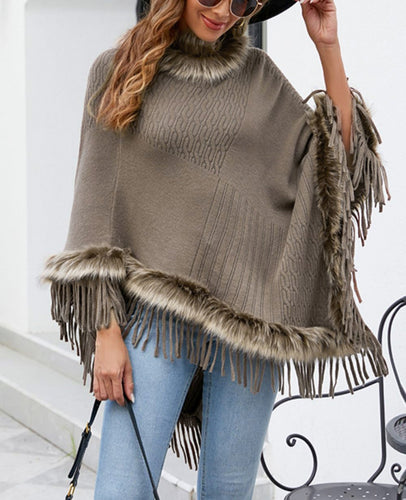 Drune | Elegante Damen Poncho mit Pelzkragen und Fransen