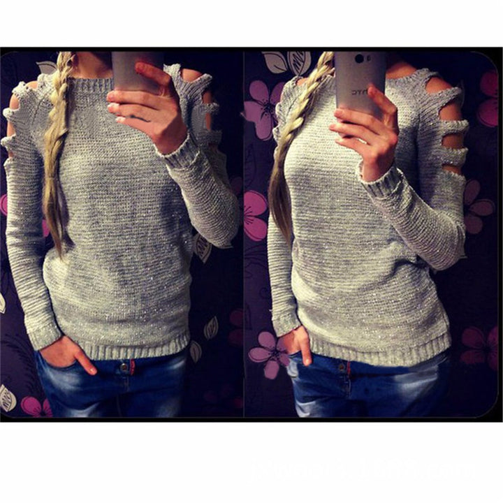 Damen Strickpullover mit offenem Schulterdesign und glitzernden Akzenten Drune