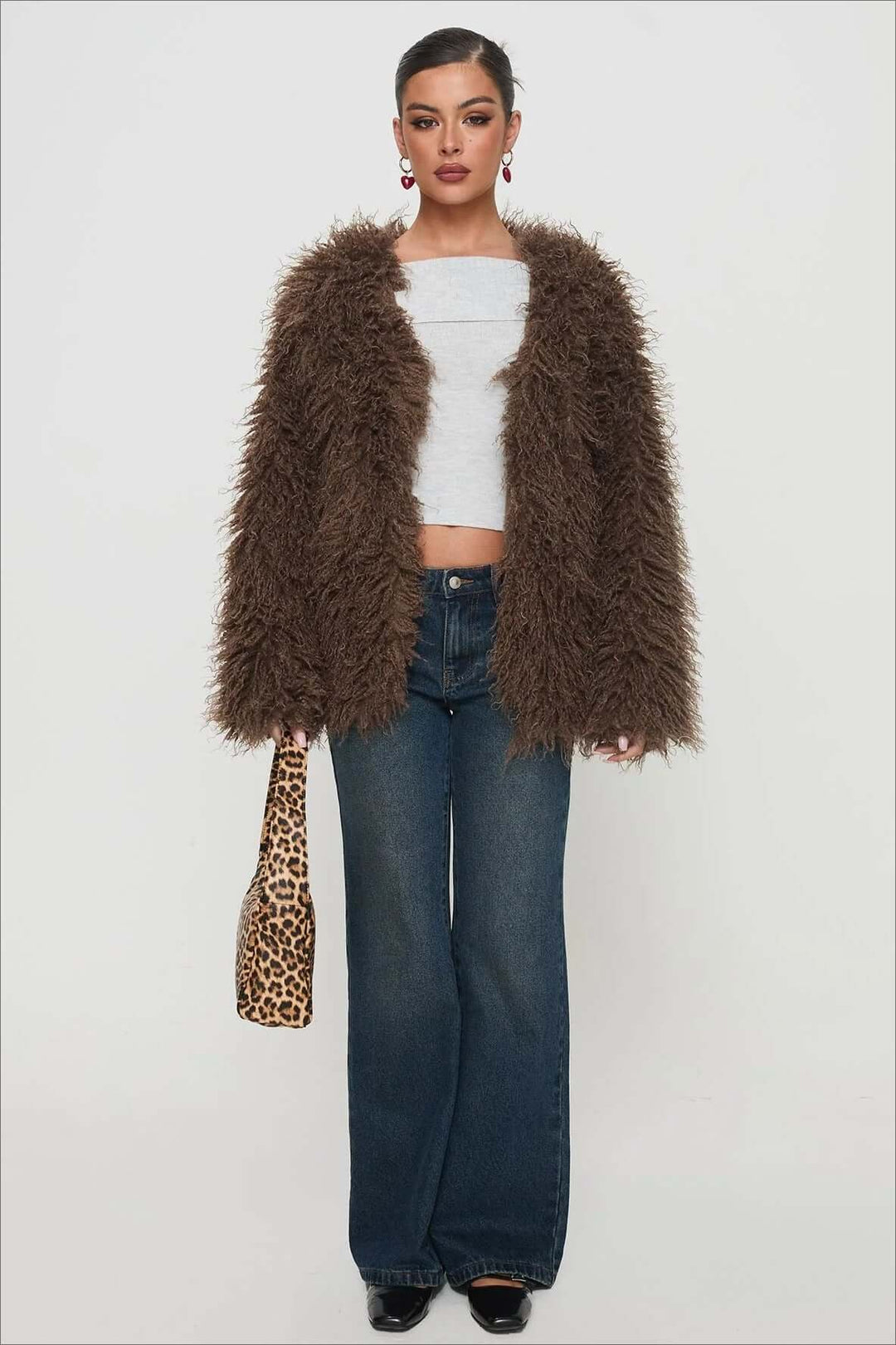 Drune | Fluffy Brown Faux Fur Übergroße Jacke