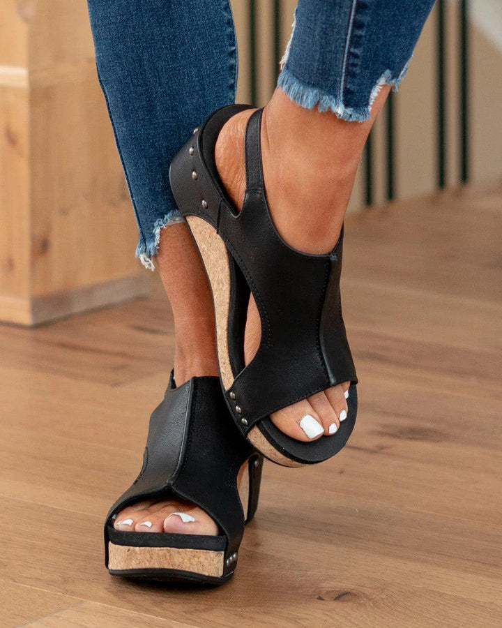Drune - Damen Plateau-Keilsandalen aus Kork mit Fesselriemchen | Stilvolle Sandalen mit offenem Zehenbereich und Keilabsatz für Damen