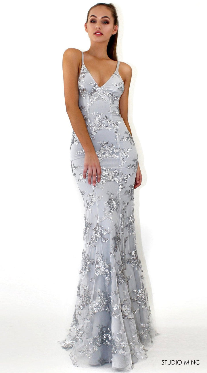 Damen Glamouröses langes Abendkleid mit Pailletten und tiefem V-Ausschnitt Drune