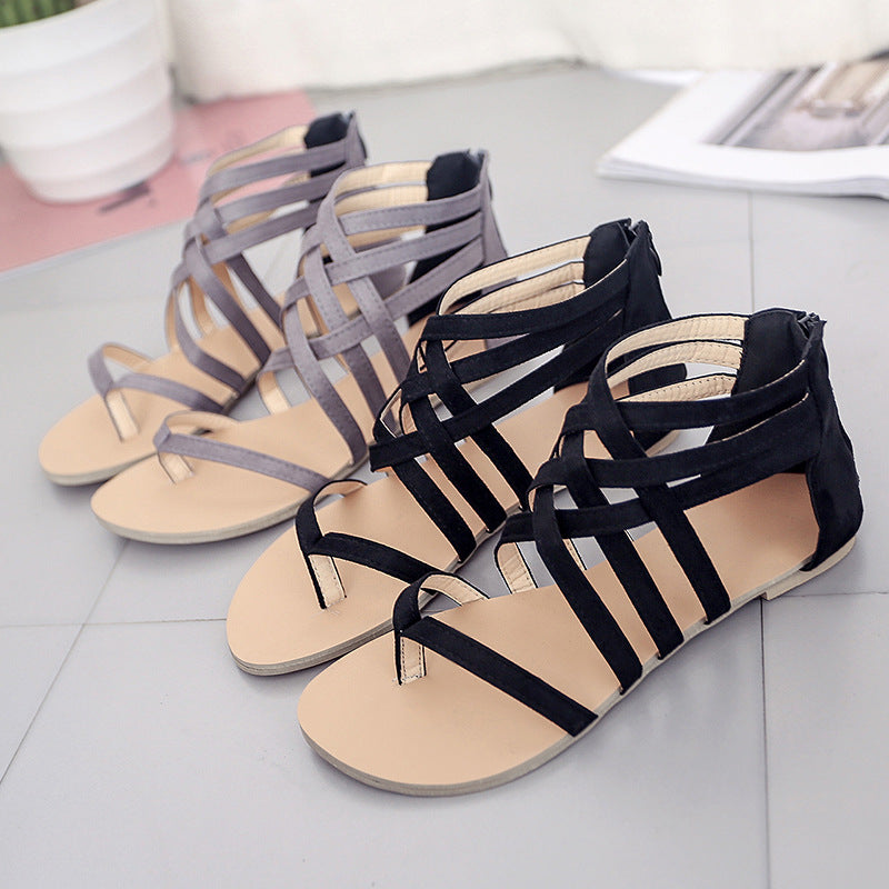 Damen nan flache Römersandalen mit mehrreihigen Knöchelriemen, Zehensteg und Reißverschluss-Fersenkappe Drune