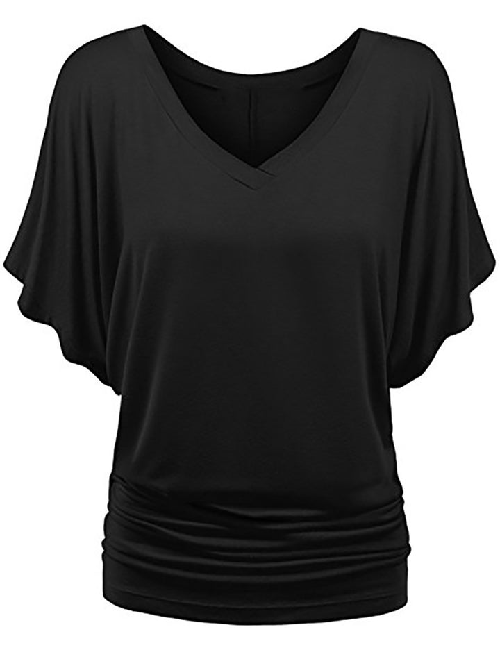 Damen lässiges V-Ausschnitt T-Shirt mit drapiertem Saum Drune