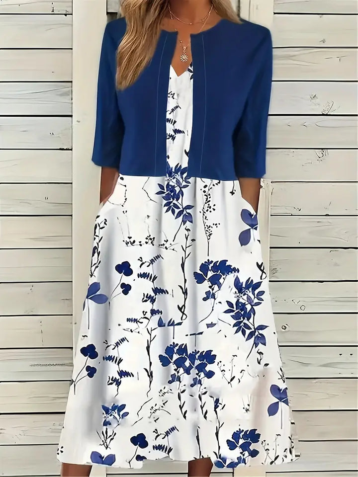 Drune – elegantes zweiteiliges blumenkleid-set mit einfarbigem crop-top und kleid mit rundhalsausschnitt