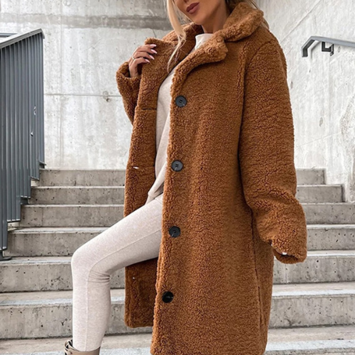Drune | Damen Langmantel - Kunstfellfleece - Übergröße - Reverskragen - Knopfverschluss