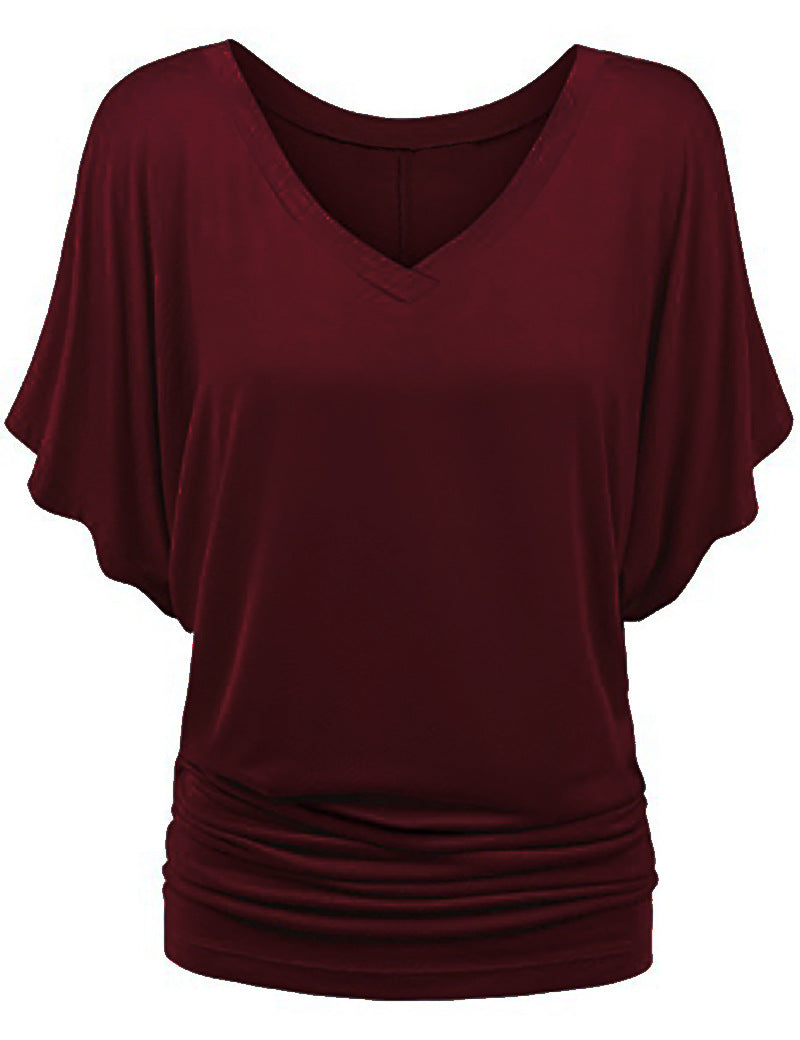 Damen lässiges V-Ausschnitt T-Shirt mit drapiertem Saum Drune