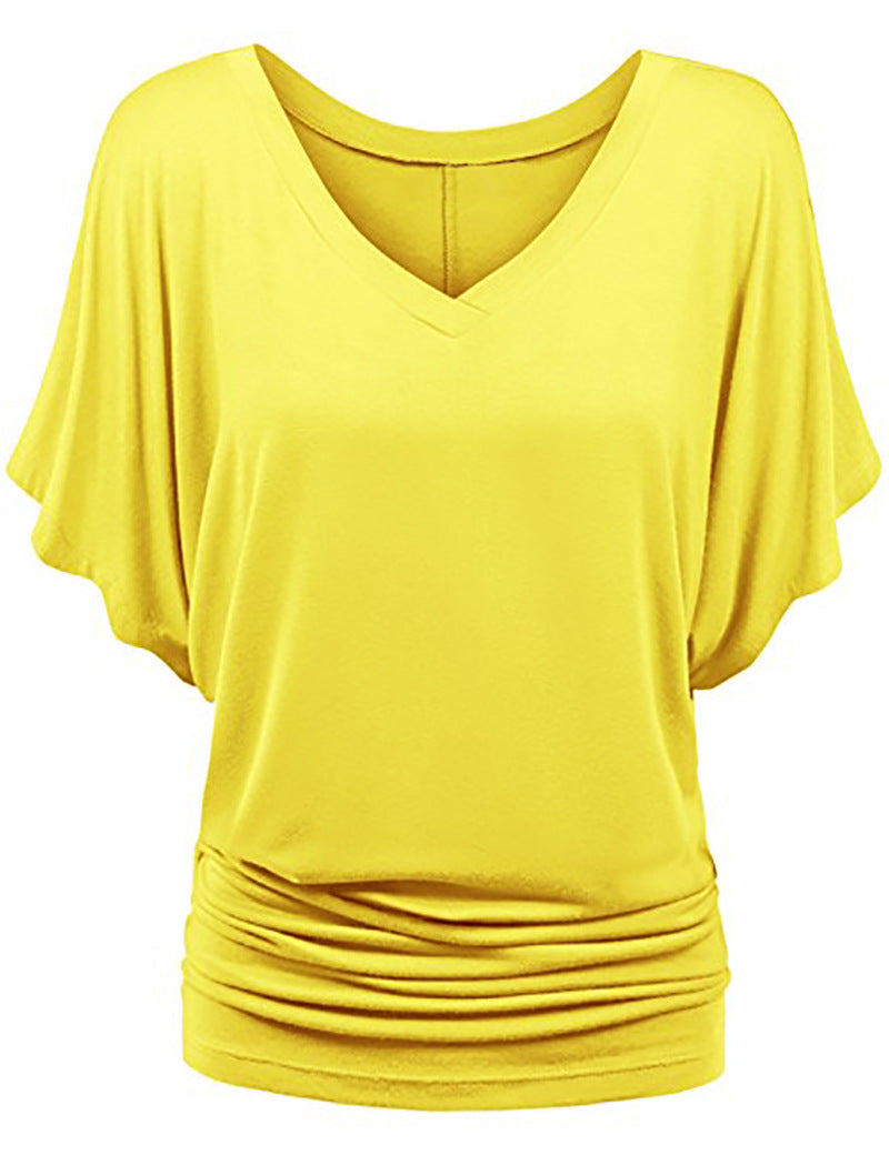 Damen lässiges V-Ausschnitt T-Shirt mit drapiertem Saum Drune