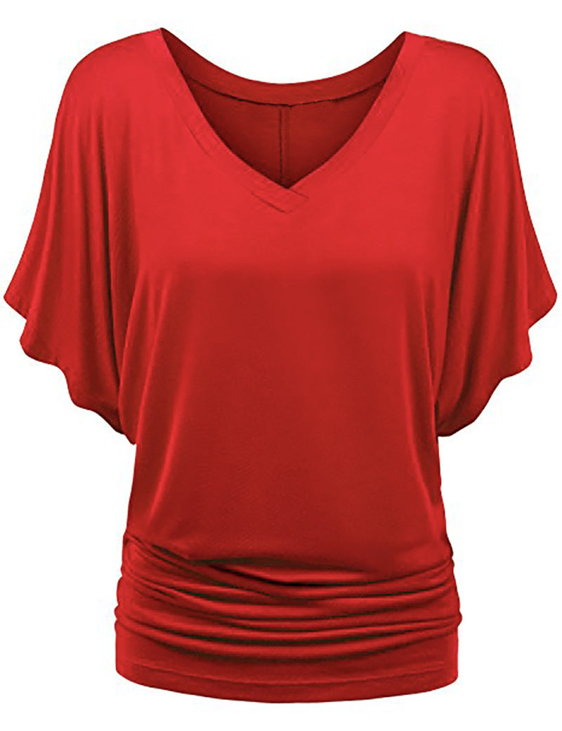 Damen lässiges V-Ausschnitt T-Shirt mit drapiertem Saum Drune