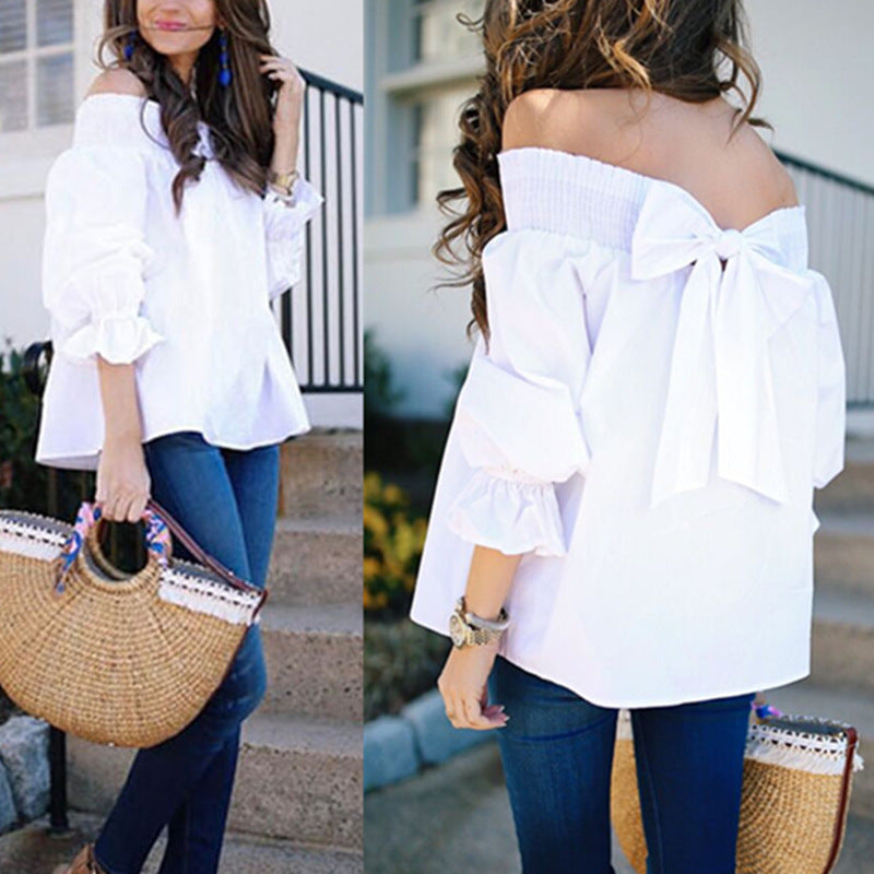 Damen Off-Shoulder Bluse mit Rüschenärmel und Schleifendetail Drune