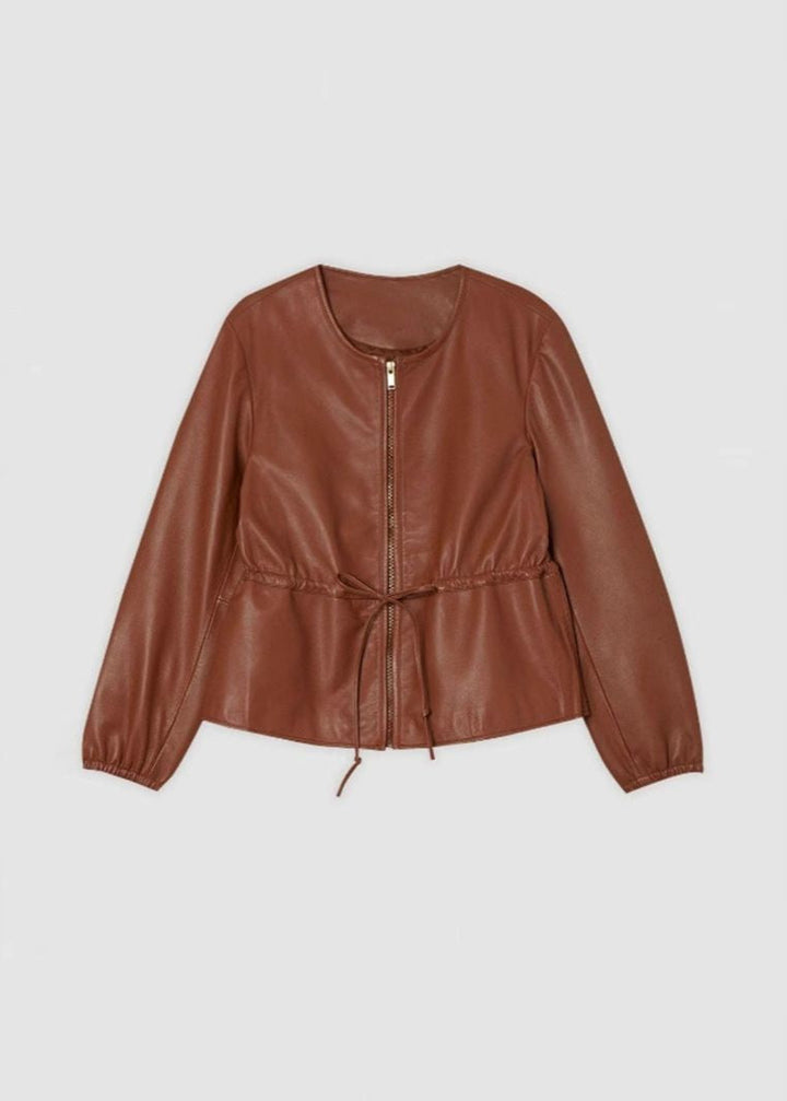 Drune | Kognac Kunstleder Zip-Jacke mit Zugband Taille
