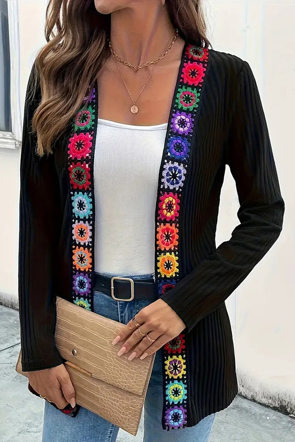 Drune | Boho knit cardigan with floral trim and long sleeves