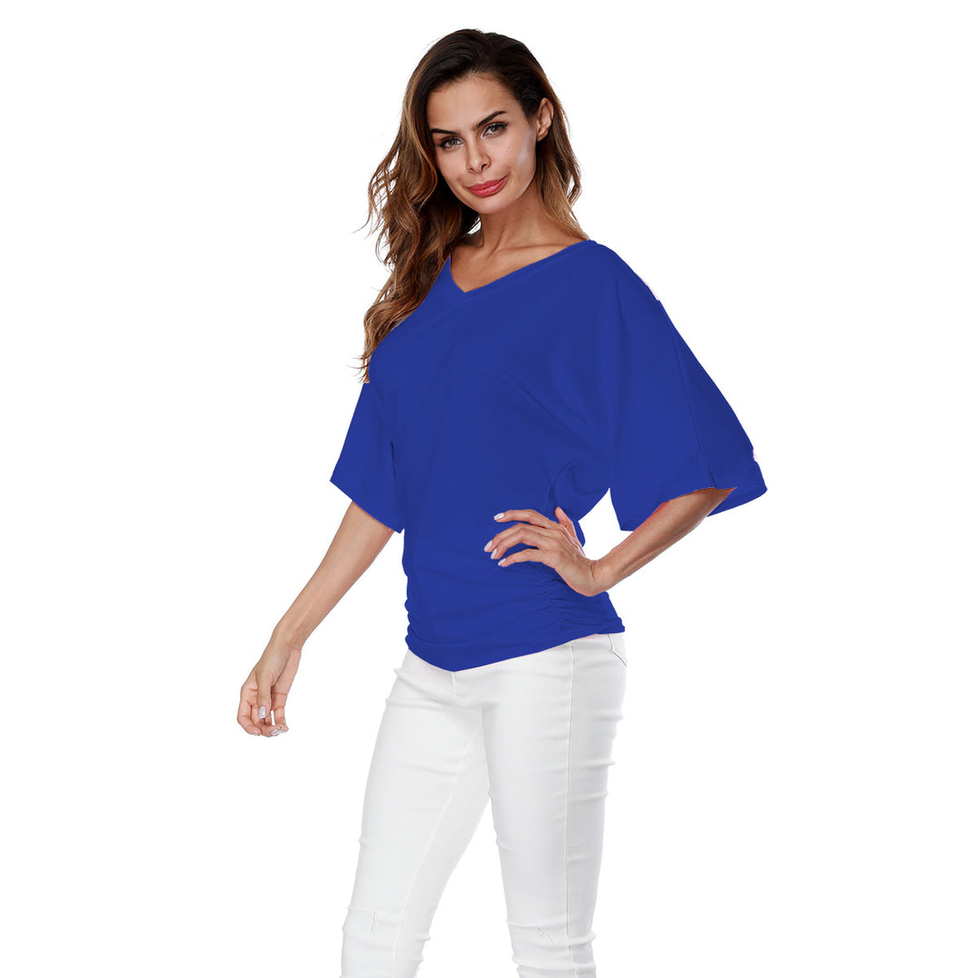 Damen lässiges V-Ausschnitt T-Shirt mit drapiertem Saum Drune