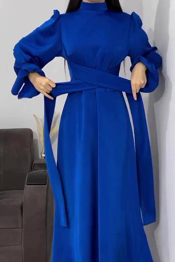 Drune | Einfarbiger Rüschensleeve Taillierter Krawatten Slim Fit Maxikleid