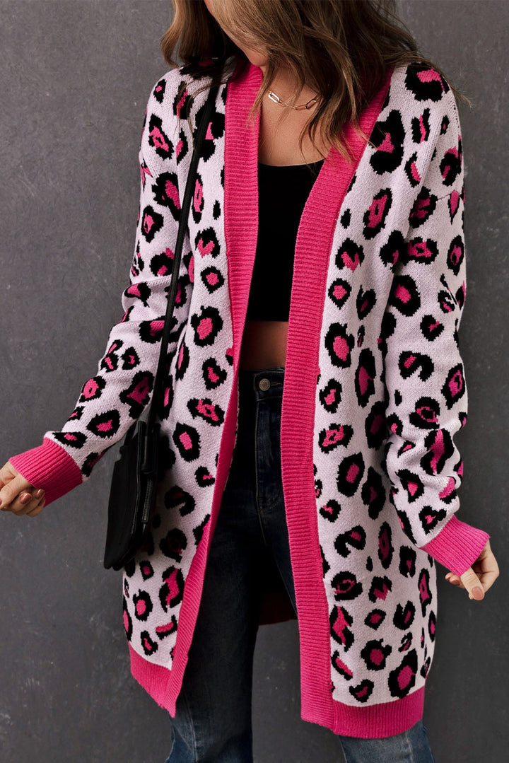 Drune | Leopard-Kontrastbesatz Offene Vorderseite Langarmlange Strickjacke