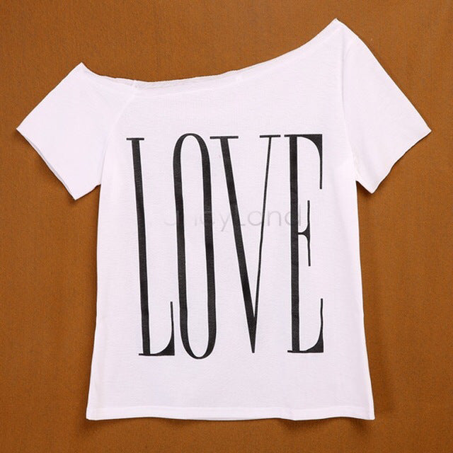 Damen Off-Shoulder T-Shirt mit großem Schriftzug Drune