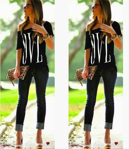 Damen Off-Shoulder T-Shirt mit großem Schriftzug Drune