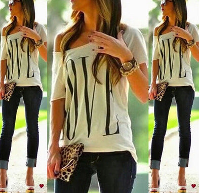 Damen Off-Shoulder T-Shirt mit großem Schriftzug Drune