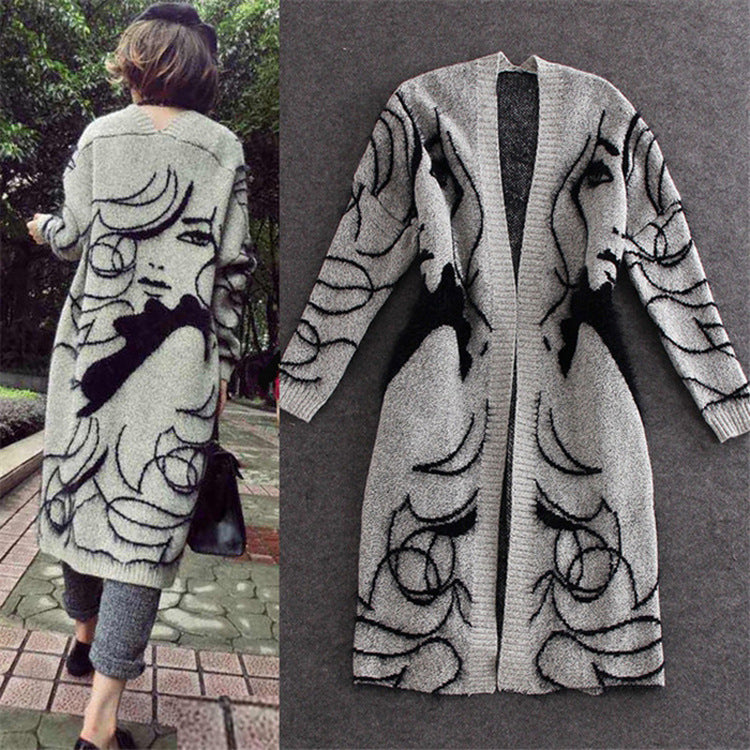 Damen Strickjacke mit kreativem Motiv und offenem Frontdesign Drune