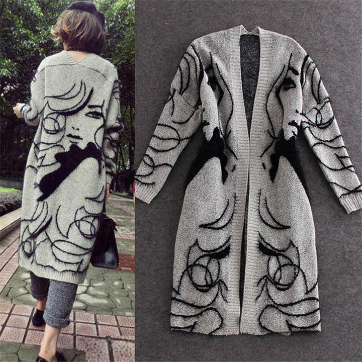 Damen Strickjacke mit kreativem Motiv und offenem Frontdesign Drune