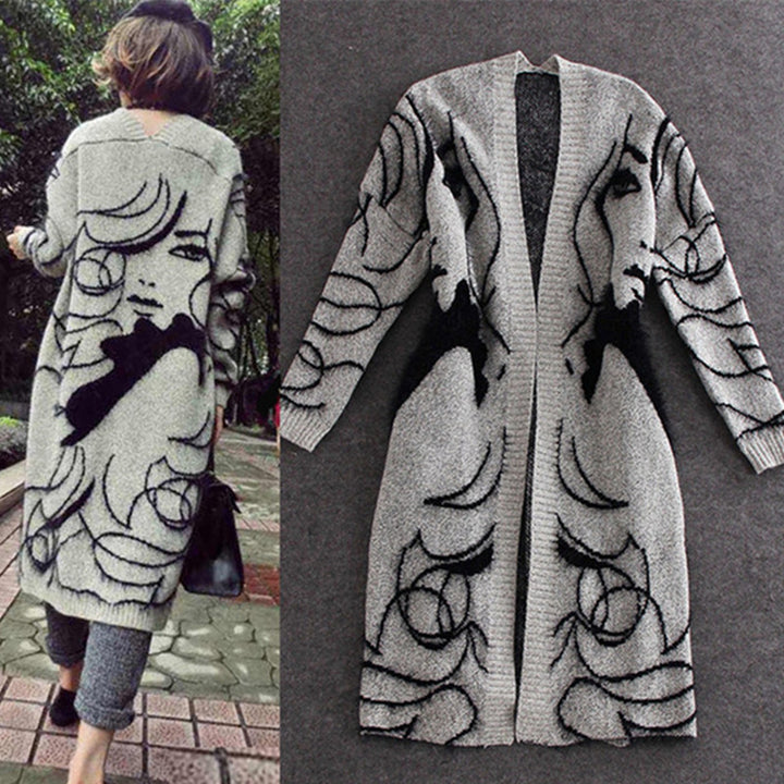 Damen Strickjacke mit kreativem Motiv und offenem Frontdesign Drune