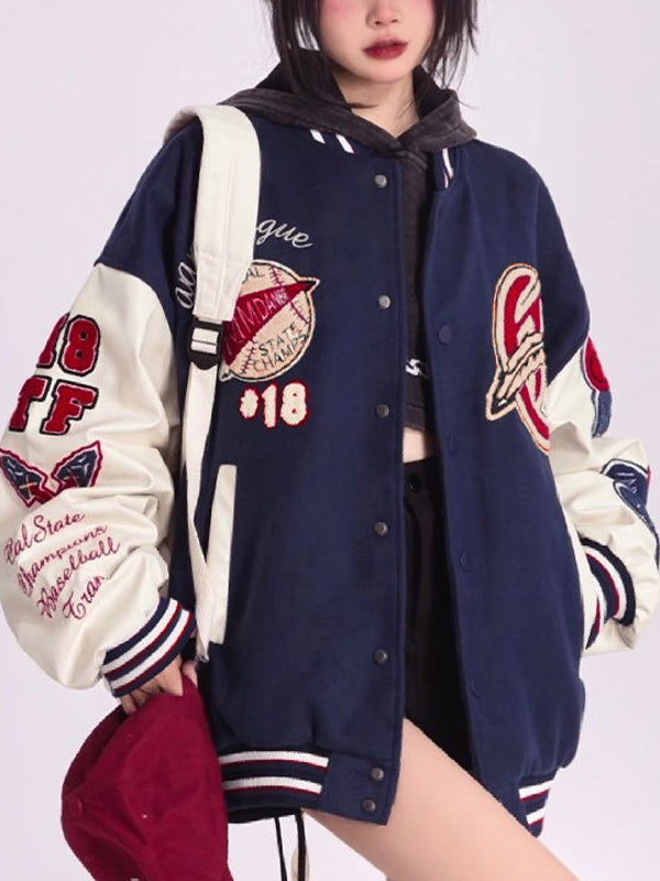 Drune | Blaue College-Varisty-Jacke mit Flockdruck