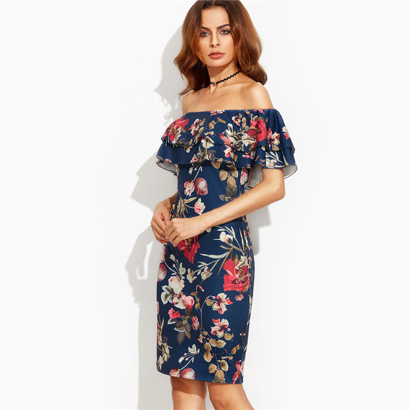 Damen Off-Shoulder Blumenkleid mit voluminösen Rüschendetails und figurbetontem Schnitt Drune