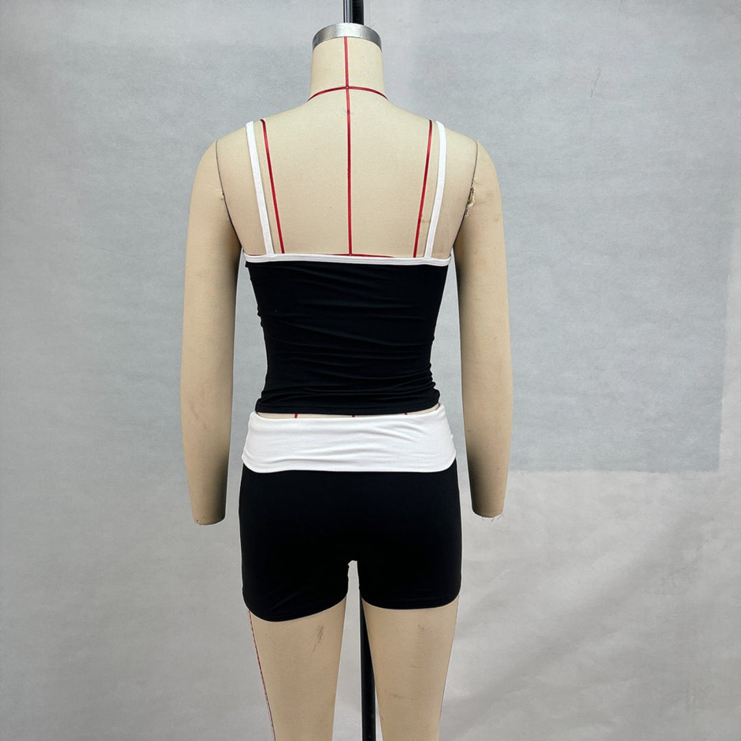 Drune | Hosenträger Nabel Kontrast Top Niedrige Taille Shorts Set